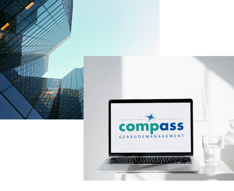 Hier sehen Sie einen Laptop, welcher das Logo des Unternehmens Compass Gebäudemanagement, Gebäudereinigung Schwäbisch Gmünd, im Hintergrund hat.